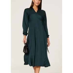 SIPOS NEW YORK Dress Women Medium Green Erica Satin Wrap Midi Cutout